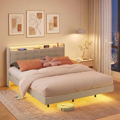 Zdjęcie produktu dla Łóżko tapicerowane BEALIFE, 160x200 cm, z funkcją ładowania USB, oświetleniem LED i pojemnikiem w zagłówku | Metalowa rama, 18 cm odstępu od podłogi | Beżowy, model BF30