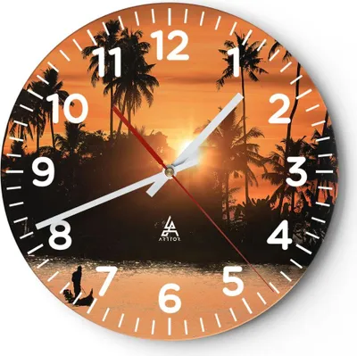 Produktbild von Wanduhr - Rund - Glasuhr - Palme Fluss Sommer - 30x30cm - Schleichendes Uhrwerk - Lautlos - zum Aufhängen bereit - Dekoration Modern - Wanddekoration aus Glas - C4AR30x30-3894