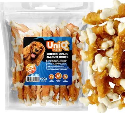 Obrázok produktu pre Pochúťka, snack pre psy Vápnikové kocky s kuracím mäsom UniQ 500g