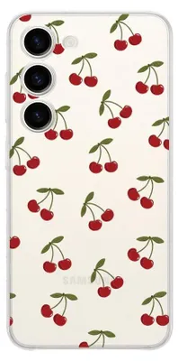 Produktbild von Flexible Hülle für das Samsung Galaxy S23, Kameraschutz, TPU Silikon transparent, kleine Kirschen