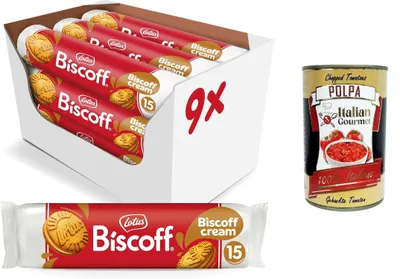 Produktbild von Lotus Biscoff Sandwich Zwei knusprige karamellisierte Kekse, gefüllt mit Sahne mit Biscoff-Geschmack 9x150 g+ Italian Gourmet polpa 400g