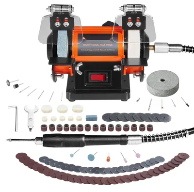 Produktbild von Doppelschleifer Schleifbock - Doppelschleifmaschine 150 mm - 50 W Motor - 3590 U/min - Mit Spritzschutz - Mit 3 Polierscheiben & 100tlg. Bohrerset