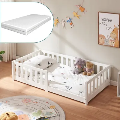 Image de Lit d'enfant 'Tanna' lit de sol avec matelas 80 x 160 cm Lit Montessori avec protection antichute pin blanc