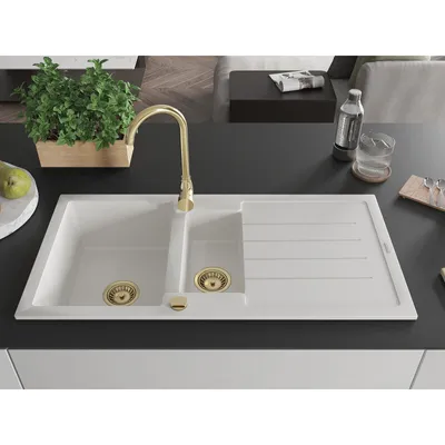 Produktbild von Mexen Andres 1,5-Becken-Granitspüle mit Abtropffläche 1000 x 500 mm, Weiß, Siphon Gold - 6515101510-20-G