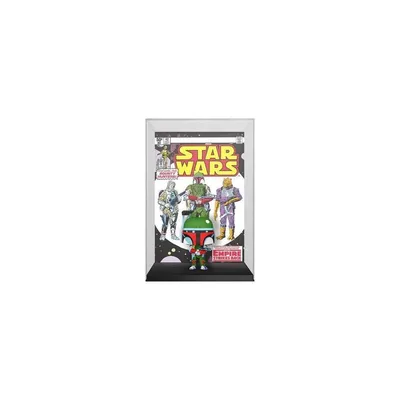 A framed Star Wars comic cover featuring Boba Fett and other characters, with a Funko Pop! figure of Boba Fett in the foreground.
