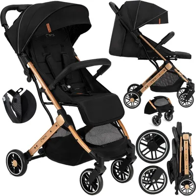 Produktbild von MoMi ESTELLE – Ultraleichter Baby Kompaktbuggy 7,7 kg mit Einhand-Faltung, Trolley-Funktion & Liegeposition, ideal für Reisen – Schwarz/Gold