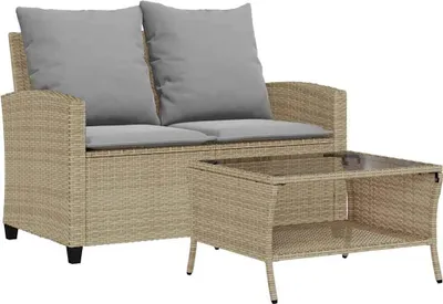Immagine prodotto di vidaXL Divano da giardino a 2 posti con cuscino e tavolo Beige Poly Rattan