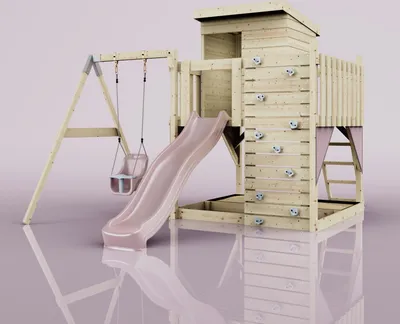 Produktbild von OutdoorToys Spielturm Alma aus Holz in Rosa Altrosa, mit Babyschaukel