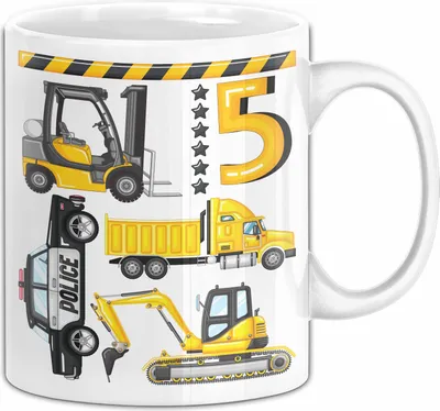 Produktbild von 5. Geburtstag Geschenk Tasse Becher Jungen Jungs Baustelle Polizei Geburtstagsgeschenk 5 (Weiß)