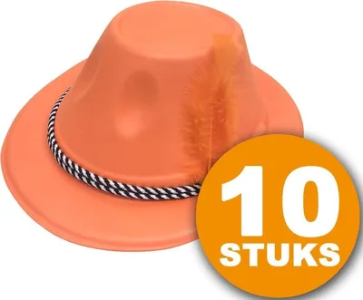 Produktbild von Orange Partyhut | 10 Stück oranger Hut mit Feder | Partyzubehör Orangefarbener Kopfschmuck | Partykleidung WM 2022 | Orange Dekoration Dekorationspaket Niederländische Nationalmannschaft Orange Paket