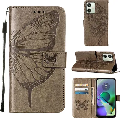 Produktbild von Lederhülle für Motorola Moto G54 Schmetterling Prägung Flip Ledertasche Kartenfächer Handyhülle mit Ständer Grau