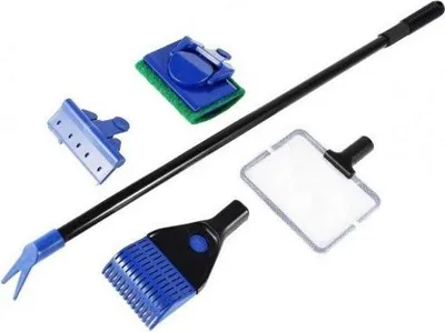A set of aquarium cleaning tools laid out on a white background.