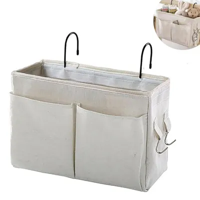 Produktbild von Nachttischtasche - Hängetasche - Bettorganizer - Aufbewahrungstruhe - Für Bücher, Zeitschriften, Handy, Fernbedienung, Kopfhörer – Beige