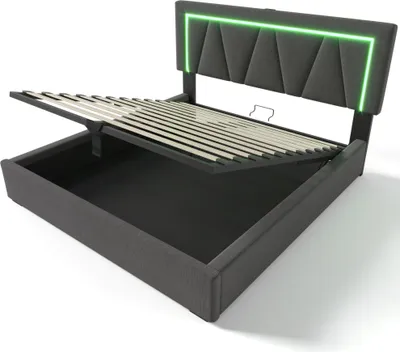 Obrázek produktu pro okwish Čalouněná postel 140x200 s USB Typ C nabíjecí funkcí a LED osvětlením, Lněná, Šedá