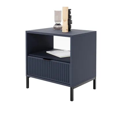 Produktbild von GrekPol Nachttisch Wave mit Schublade Ablage Schlafzimmer Nachtschrank Nachtkästchen Nachtkommode Moderner Nachtschrank Metall Beine Farbe: Indigo