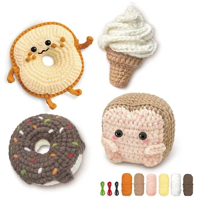 Image de Kit de crochet pour débutants avec instructions vidéo, coffret de 4 pièces : pain beurré, pain, beignet, glace