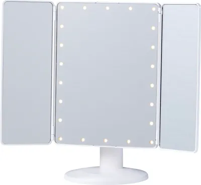 A white LED cosmetic mirror with a stand is shown against a white background.
