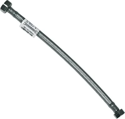 A flexible hose with metal braiding and connectors on both ends, lying diagonally on a white background. A label is attached to the hose.