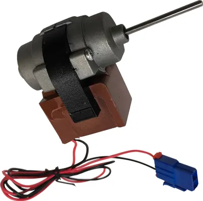 A close-up studio shot of a small motor with a shaft and wires.