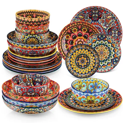 Obrázek produktu pro Sada nádobí pro 6 osob, 24dílná porcelánová sada, sada nádobí s talíři, dezertními talíři, polévkovými talíři, miskami, český styl