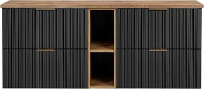 Produktbild von Easy4You Unterschrank AS 60 cm Schwarz Hängeschrank Badschrank Badezimmerschrank mit 2 Schubladen Soft-Close + Ablage 20 cm Badmöbel-Set Geriffelte Fronten