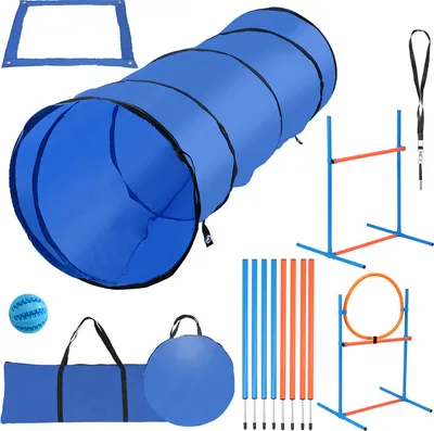 Immagine prodotto di Set agility per cani Yakimz con aste per slalom, anello di salto regolabile, asta per salto in alto, tunnel per cani, box quadrato di rottura 5 pz