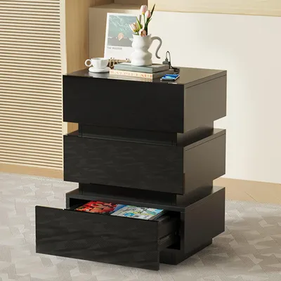 Immagine prodotto di Comodino con 3 cassetti - Comodino nero - Mobile multifunzionale per la camera da letto