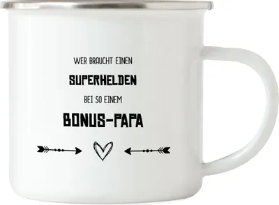 Produktbild von Wer Braucht Superhelden Emaille Tasse Bester Bonus-Papa Der Welt Geschenkidee Vatertag Geburtstag