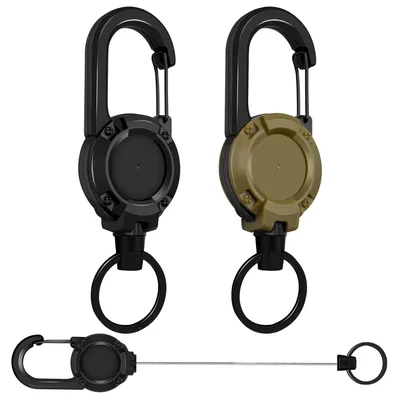 Image de Lot de 2 porte-clés rétractables avec porte-carte d'identité, câble en acier et mousqueton (noir et marron)