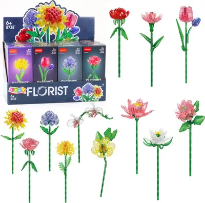 A display of building block flower sets and individual flower creations.