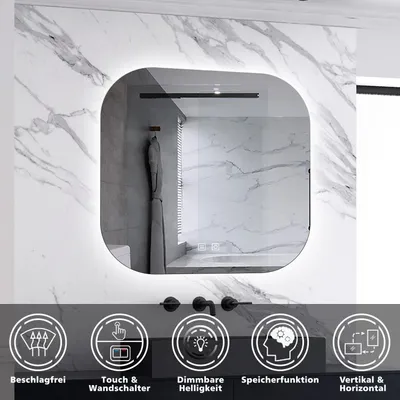 A modern bathroom with a lighted LED mirror mounted on a marble wall, showcasing its features with icons and text at the bottom.