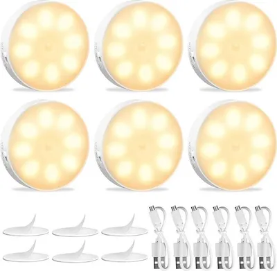 Produktbild von 6 Stück LED Nachtlicht, Nachtlicht mit Bewegungsmelder USB Wiederaufladbar, 3 Modi Auto/On/Off, für Flur, Treppe, Schlafzimmer, Küche, Schrank