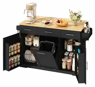 Image de Îlot de cuisine - Chariot de cuisine sur roulettes - Dimensions : 136 x 50 (75) x 92 cm - Plan de travail rabattable - 3 tiroirs - Espace de rangement avec 2 portes - Poubelle intégrée - Noir
