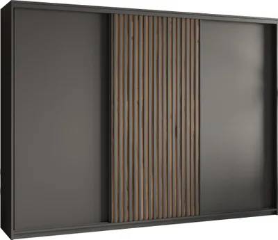 Produktbild von Masseno Schiebetürenschrank VONTE 250/205/60 cm Kleiderschrank mit Lamellen und Schubladen Schlafzimmer Schrank 3-türig Schwarz + Eiche Wotan
