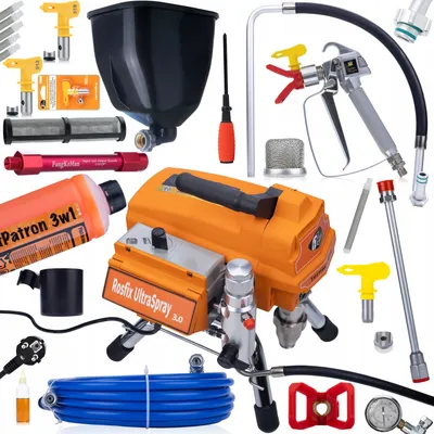 Immagine prodotto di Rosfix Tornado RT4 UltraSpray Set – Spruzzatore di Vernice Airless 3000W 22MPa 3,2L/min | Serbatoio da 6L, 2 Pistole, 5 Filtri, Ugelli 519/513, LCD