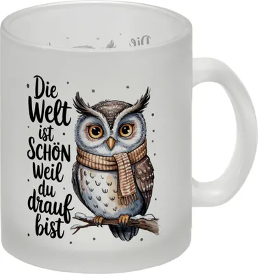 Produktbild von Eule mit Schal Glas Tasse Die Welt ist schön