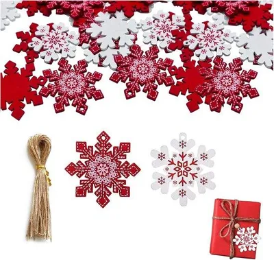 Productafbeelding van 50 Houten Sneeuwvlokken Kerstboomversiering - DIY Knutselen - Houten Decoratie met Jute Touw voor Feestdagen en Kerstdecoratie