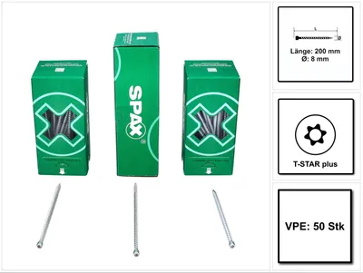 Zdjęcie produktu dla SPAX® 1221010802005 SPAX® Holzbauschrauben T40 Zylinderkopf WIROX 1221010802005 8 mm x 200 mm, 50 St.