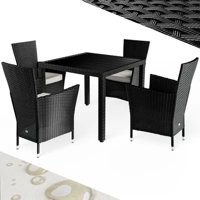 Immagine prodotto di Casaria® Mobili da Giardino in Polyrattan 4 Sedie Impilabili Tavolo 90x90cm in WPC Legno Resistente Terrazzo Balcone Set da Pranzo per Esterno Nero