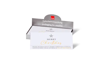 Produktbild von Weihnachten 12 Gutscheine im Set á € 4,95 mit Umschlägen Stern Merry Christmas mehrsprachig