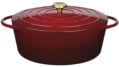 Gusseiserne Bratpfanne oval 33 cm mit Deckel, emailliert