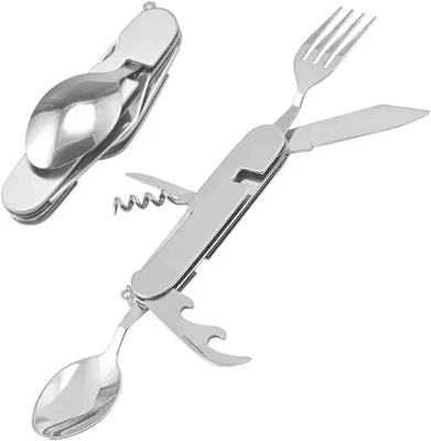 Imagen del producto de Cubiertos plegables multifuncionales de acero inoxidable, ligeros, ideales para camping