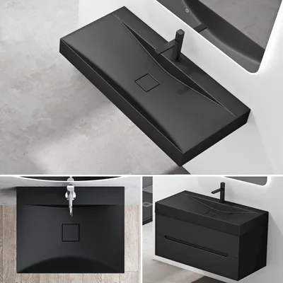 Produktbild von Mai & Mai Waschbecken Hänge Waschtisch Aufsatz Waschschale Mineralguss Schwarz Matt Rechteckig 1 Armaturenloch Breite: 100cm Col810