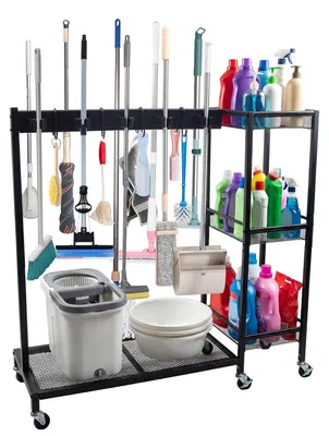 Produktbild von Besenhalter mit Reinigungsorganizer - 2-in-1 mobile Reinigungswagen mit 3 Ebenen