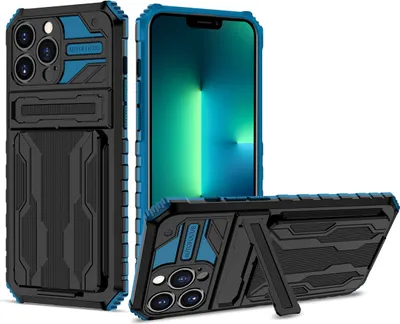 Immagine prodotto di custodia per iPhone 13 Pro, custodia ibrida di protezione robusta con porta carte e supporto per iPhone 13 Pro blu