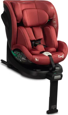 A red child car seat is shown from a slightly elevated side angle against a white background.