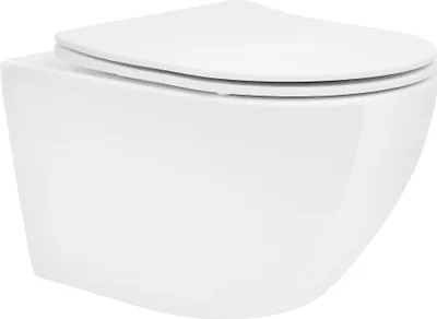 Produktbild von LuxeBath Spülrandloses Hänge WC lang 52cm, Weiß glänzend, Toilette aus Keramik mit Antibakterieller Oberfläche, Abnehmbarer WC Sitz aus Duroplast mit Absenkautomatik Softclose