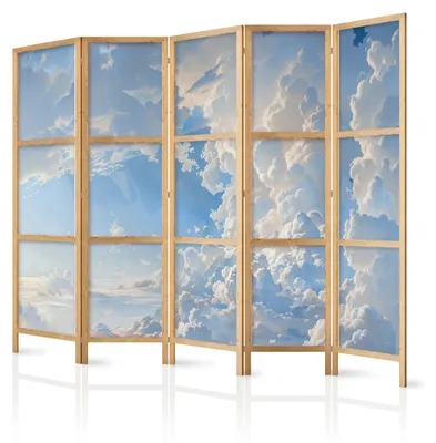 Immagine prodotto di Pannello divisorio giapponese, 5 ante, pieghevole, realizzato in tessuto non tessuto di alta qualità, motivo "nuvole", ideale per l'ufficio, dimensioni 225 cm x 172 cm