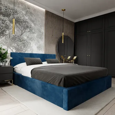 A modern bedroom with a blue upholstered bed as the main focus.
