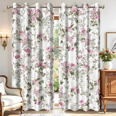 Zdjęcie produktu dla Zasłony zaciemniające - wzór: kwiaty w stylu rustykalnym, wymiary: 117 x 137 cm, zestaw 2 sztuk